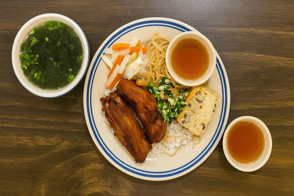 The Long Xuyen-style broken rice is known for its thick fish sauce, tender grilled pork, and uniquely flavored pickles